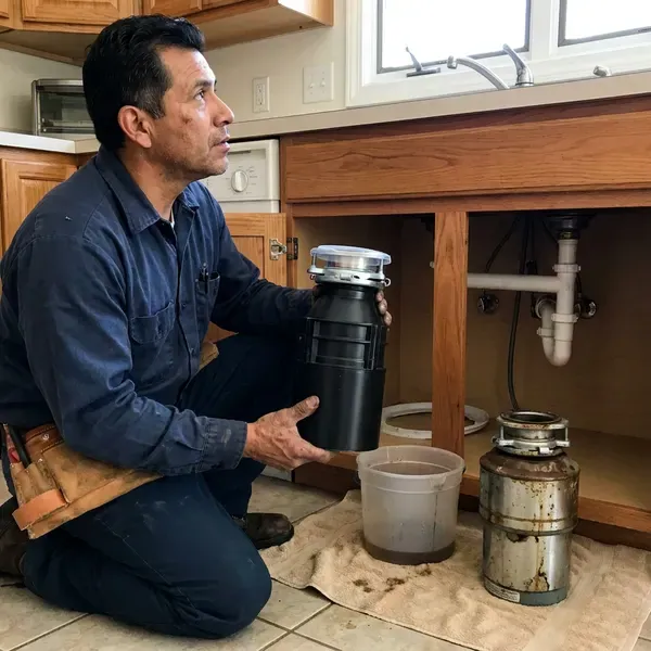 HVM Plumbing technician providing garbage disposal replacement in Normal, IL