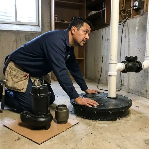 HVM Plumbing technician providing sewage ejector pump installation in Bloomington, IL