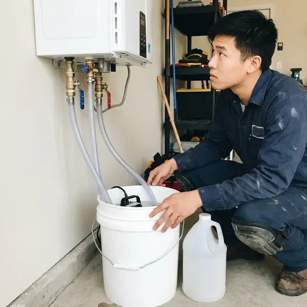 HVM Plumbing technician providing tankless water heater maintenance in Chicago, IL